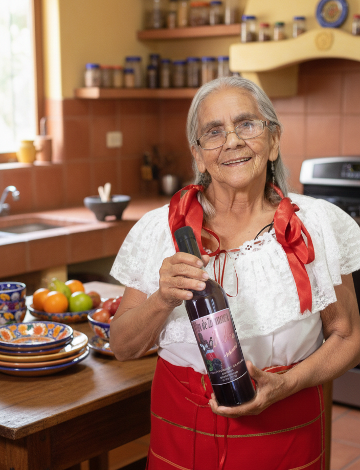 tia gloria sosteniendo una botella de vino en coapilla chiapas